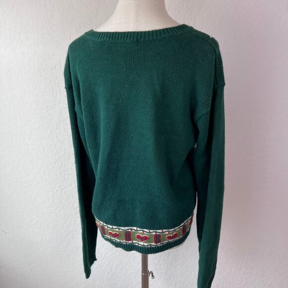 Vintage 90s Christmas Button Up Cardigan Sweater Santa Hearts Green Medium - Picture 6 of 9